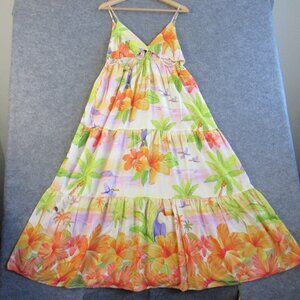 Farm Rio Cut out Maxi Dress Petite Size Tropical Tiered V-Neck Spaghetti Strap